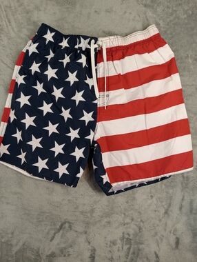 American Flag Print Swim Trunks - Red, White & Navy Size XL